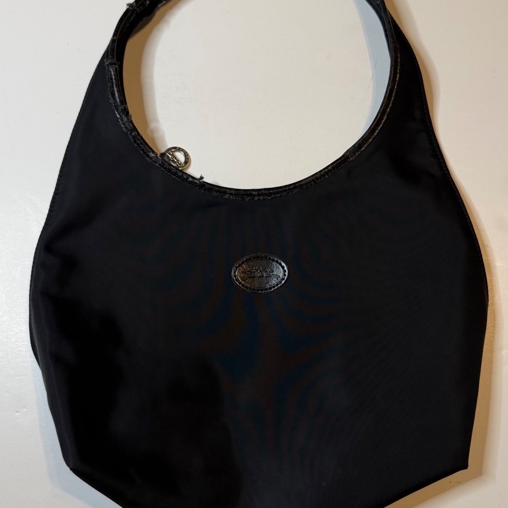 Vintage 90s Longchamp Hobo Bag Small Black Nylon Leather Trim Made In France
